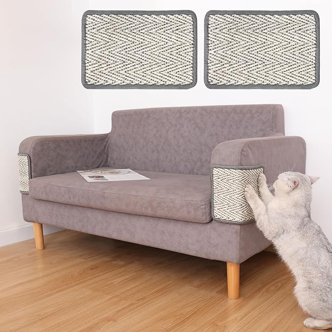 Boho Sisal Cat Scratcher Mat with Hook and Loop Strips (Scratch Protector for Carpet, Sofa, Wall and Furniture), Durable and Shedding-Resistant Surface (Mini 2-Pack, Fishbone)