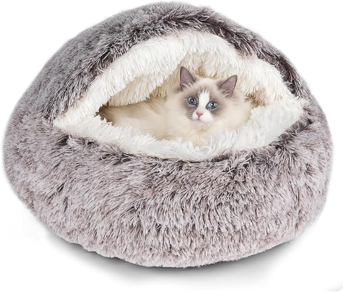 Cat Beds & Dog Bed with Cover Cave, Dog Beds for Small Dogs, Round Soft Plush Donut Calming Pet Bed for Indoor Cats or Small Dog, Washable Puppy Bed with Non-Slip Bottom-24inch