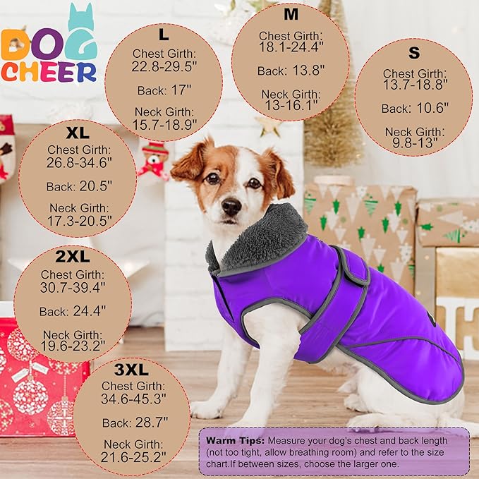 Dogcheer Dog Coat, Christmas Dog Jacket Waterproof Puppy Winter Coat for Cold Weather, Reflective Adjustable Pet Snow Jacket Warm Turtleneck Fleece Sweater for Small Medium Large Dogs - Purple, M