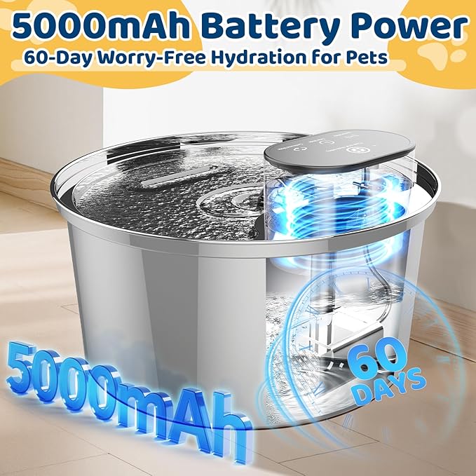 Water Fountains Cats Stainless Steel Dispenser Wireless Pet Fountain Drinking Inside- Automatic 108oz/3.2L 5000mAh Cats Fountain Indoor with Motion Sensor & Filters for Dogs, Multiple Pets