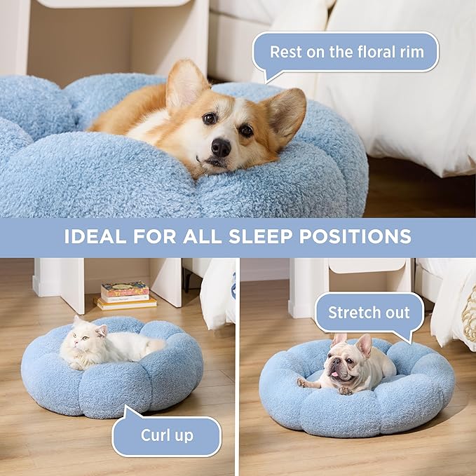 Lesure Calming Cat Beds for Indoor Cats - Cute Flower Pet Beds in Teddy Sherpa Plush, Donut Round Fluffy Puppy Bed, Non-Slip Extra Small Dog Bed Fits up to 15 lbs, Machine Washable, Blue 20"