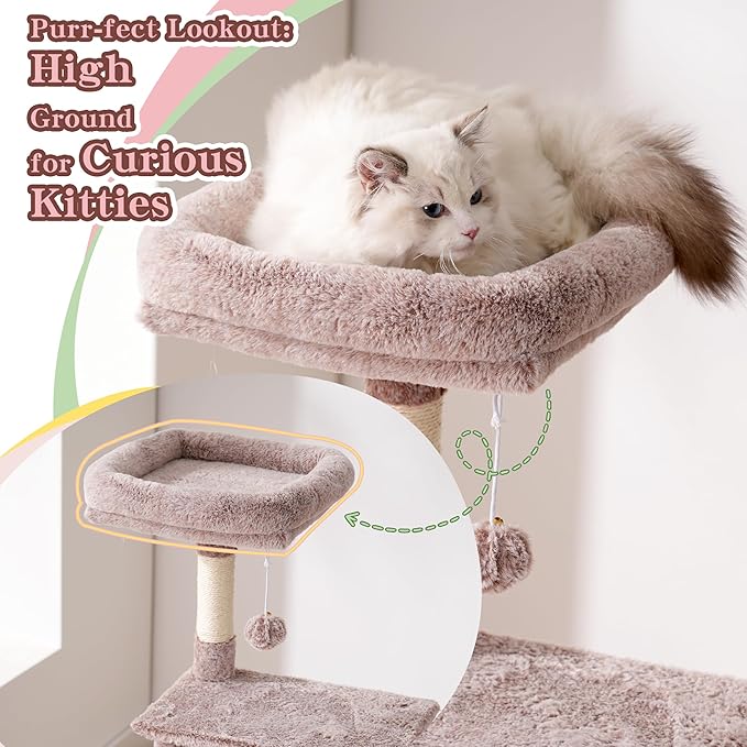 Heybly Cat Tree, 49.2 Inches Cat Tower for Indoor Cats, Spacious Cat House Condo with Hidden Space,Sturdy Steel Tube,Soft Plush Top Perch,Cozy Hammock and Sisal Scratching Posts, Muchroom HCT200SMU