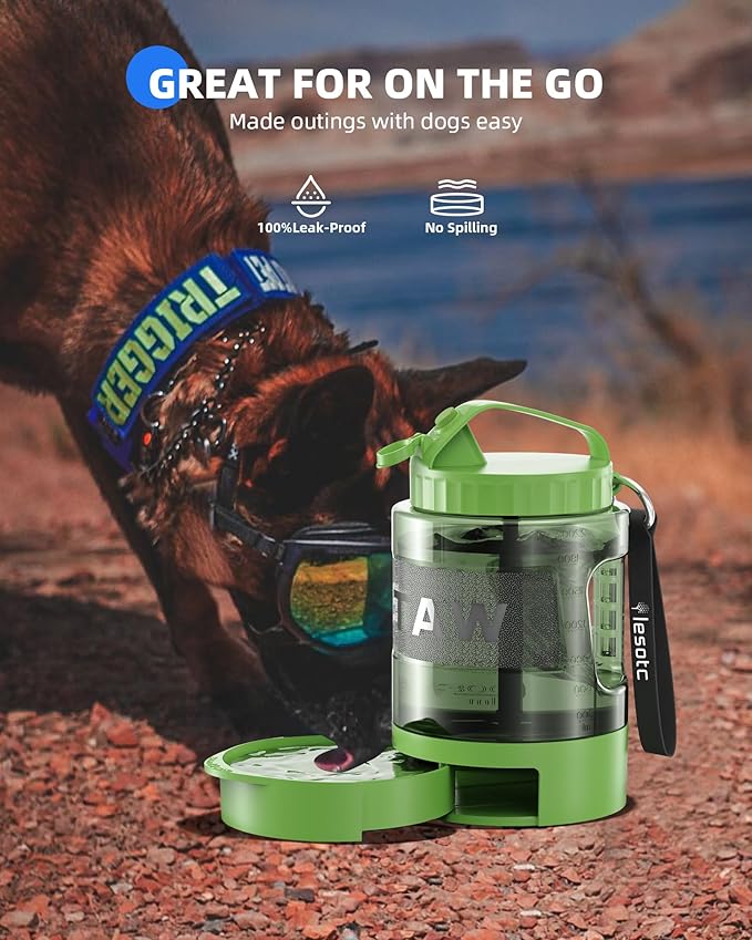 lesotc Dog Travel Water Bottle Portable with Pull-Out Drinking Bowl, 77oz Large Travel Water Bowl Dispenser for Dogs Camping Essentials Hiking Beach Road Trip Park Walking On The Go Must Haves, Green