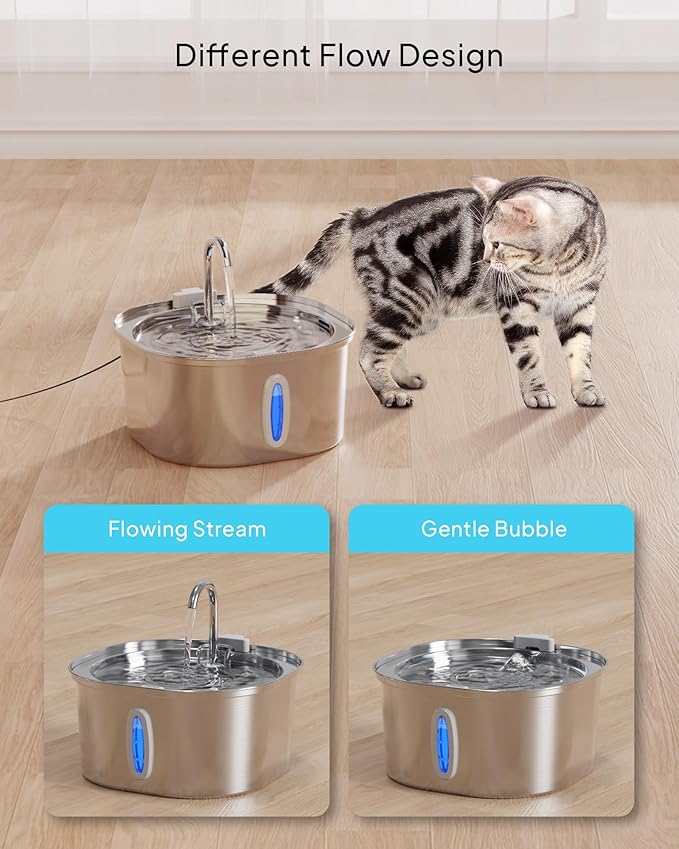 Cat Water Fountain - 3.2L/108oz Stainless Steel Pet Water Drinking Fountain for Cats Indoor, Dog Water Fountain with Water Level Window