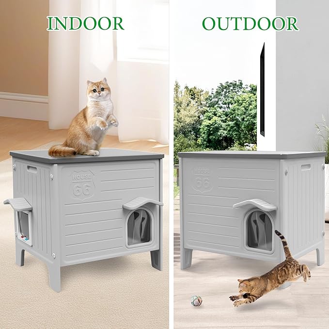 Outdoor Cat House Weatherpoof Large Plastic Cats Houses with Escape Door Indoor Waterproof Feral/Pet Cat Shelter Outside for Multiple Cats (Grey)