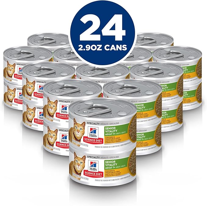 Hill's Science Diet Senior Vitality Adult 7+, Senior Premium Nutrition, Wet Cat Food, Chicken & Vegetable Stew, 2.9 oz. Cans, 24-Pack
