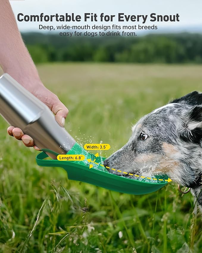 Stainless Steel Dog Water Bottle - 27 oz Portable Travel Dog Bottle & Bowl, Leak Proof Stainless Steel Metal Pet Water Bowl Dispenser for Camping, Hiking, Traveling, Walking (27oz, Green)