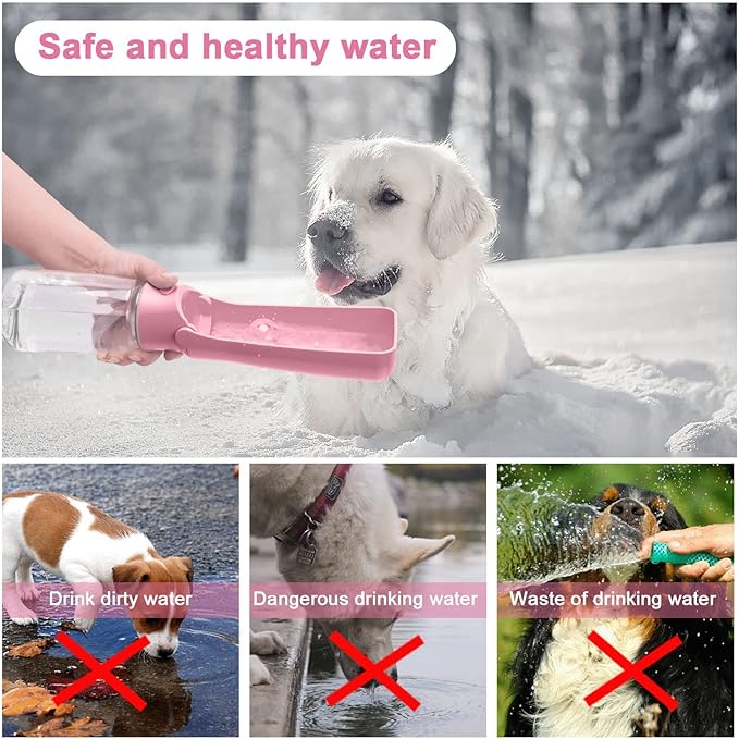 Portable Dog Water Bottle - Foldable Dog Water Dispenser | Leak Proof & Food Grade Plastic Travel | Pet Water Bottle for Cat Outdoor Walking Hiking Travel(US) (Pink, 19oz)