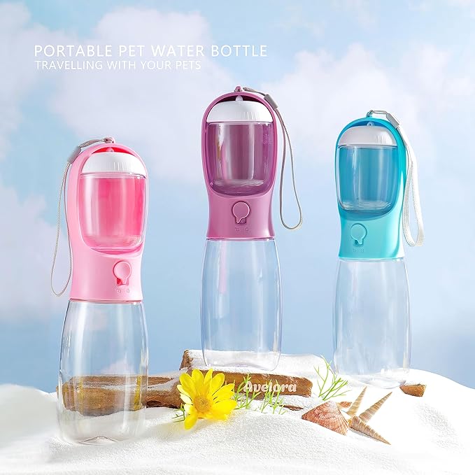 Portable Dog Water Bottle with Food Container,15oz Leak-Proof Pet Water Dispenser for Dogs, Cats, Puppies,Built-in Activated Carbon Filter for Travel,Hiking, Walking,and Outdoor Activities