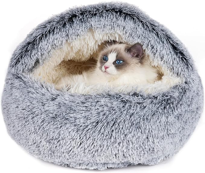 Cat Beds & Dog Bed with Cover Cave, Dog Beds for Small Dogs, Round Soft Plush Donut Calming Pet Bed for Indoor Cats or Small Dog, Washable Puppy Bed with Non-Slip Bottom-24inch