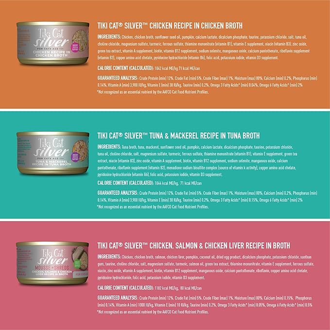 Tiki Cat Silver Variety Pack, Immune System Support Formulated for Older Cats Aged 11+, Senior Wet Cat Food, 2.4 oz. Can (12 Count)