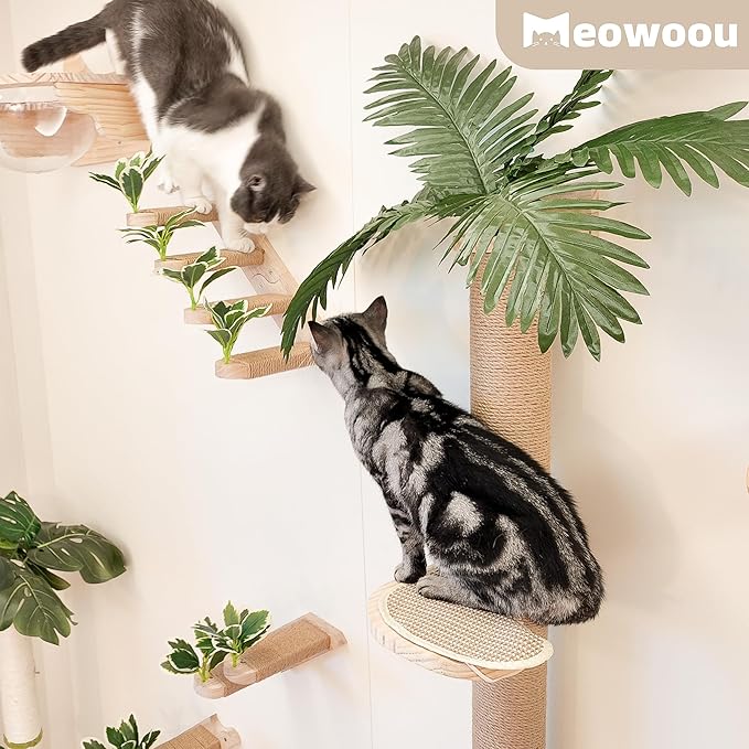 Wall Mounted Cat Scratcher for Indoor Cats, 38 Inch Cat Wall Shelves with Scratching Posts and Pedal, Suitable for Adults Cats, Kitten and All Type of Cats, Sturdy and Non-Slip for Easy Assembly.