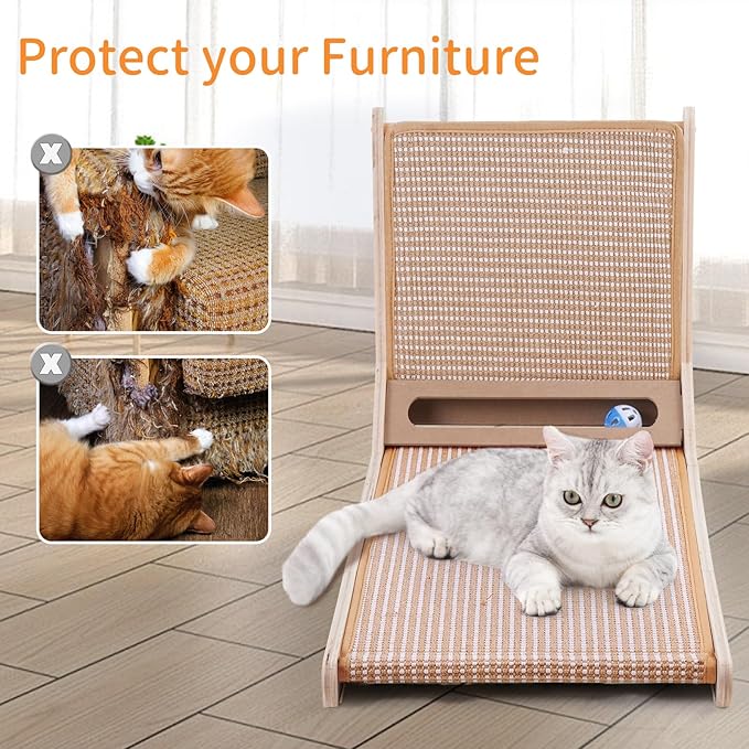Sisal Cat Scratchers for Indoor Cats, 26.8'' L-Shape Cat Scratching Board, Large Cats Scratching Posts to Protect Furniture, Solid Wooden Cats Scratch Pad with Mouse Toy(Vertical Scratcher)