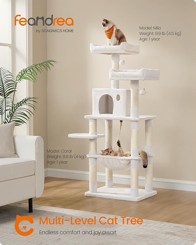 Feandrea Cat Tree, 56.3-Inch Cat Tower for Indoor Cats, Multi-Level Cat Condo with 11 Scratching Posts, 2 Perches, Cave, Hammock, Cream White UPCT015W02