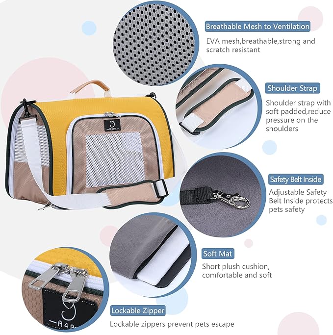 A4Pet Airline Approved Pet Carrier, Suitable for Cats, Puppies Under 18 lbs, Soft-Sided Dog Travel Carrier Collapsible and Easystore, 17" x 11" x 11", Yellow & Black