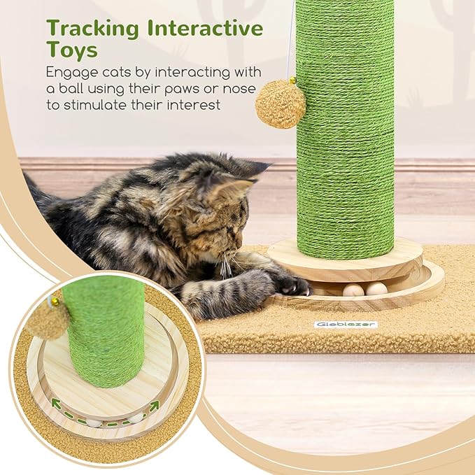 Globlazer Extra Thick Scratching Posts for Indoor Large Cats Adults, 37inch Cactus Cat Scratching Post Cat Scratcher Cute Sisal Scratching Post with Modern Wooden Ball Tracking Interactive Toys, SC37