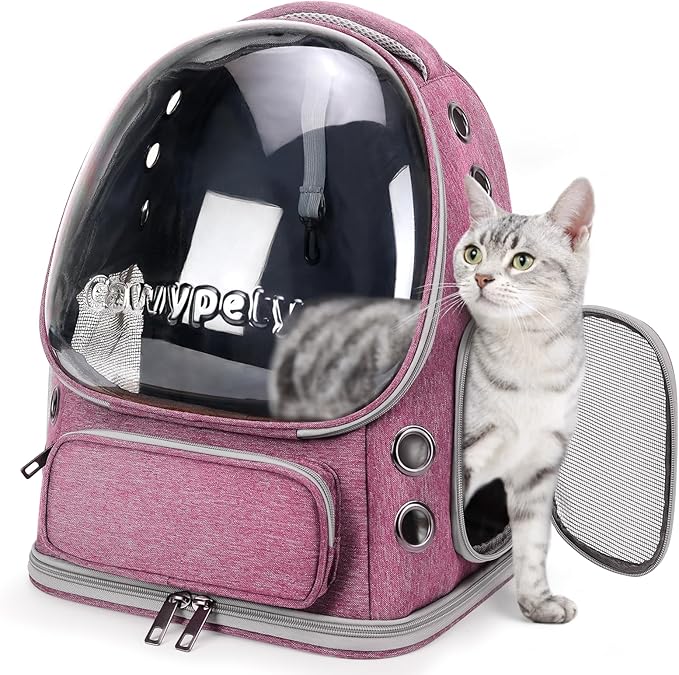 Cat Backpack Carrier, Breathable Cat Carrier Large Space Bubble Pet Backpack for Kitty Small Dog up to 15lbs, Transparent & Foldable Pet Carrier for Travel Hiking(Pink)