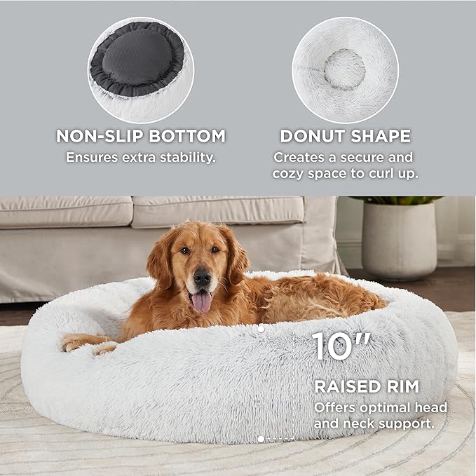 Bedsure Calming Dog Bed for Extra Large Dogs - Donut Washable Large Pet Bed, 45 inches Anti-Slip Round Fluffy Plush Faux Fur Dog Bed, Fits up to 120 lbs Pets, Frost Grey
