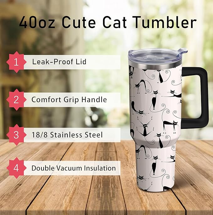40oz Cute Cat Tumbler with Handle and Straw, Stainless Steel Insulated Cup with Lid, Travel Coffee Mug Water Bottle, Birthday Mothers Day Gifts for Women Men Animal Lovers