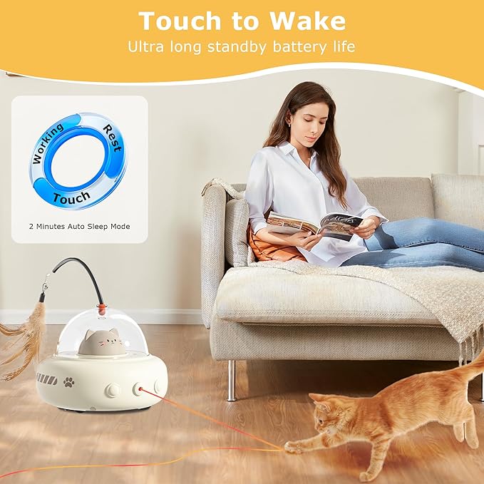 hooroor Laser Cat Toy for Indoor Cats,2 in 1 UFO-Vehicle Automatic Motion with Feather,Rechargeable Electronic Smart Sensor,Interactive Toys for Bored Cats/Kittens/Dogs,Ideal Gift (White Updated)