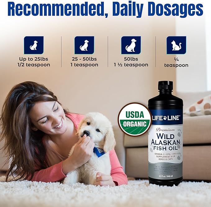 Life Line Pet Nutrition Wild Alaskan Fish Oil for Dogs and Cats 32oz – Omega 3 Fish Oil Supplement for Skin & Coat – Supports Brain, Eye & Heart Health in Dogs & Cats