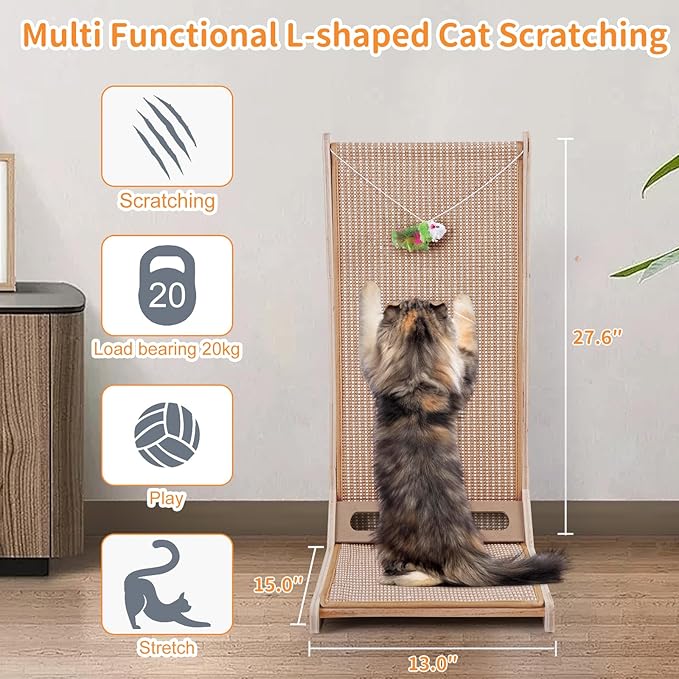 Sisal Cat Scratchers for Indoor Cats, 26.8'' L-Shape Cat Scratching Board, Large Cats Scratching Posts to Protect Furniture, Solid Wooden Cats Scratch Pad with Mouse Toy(Vertical Scratcher)