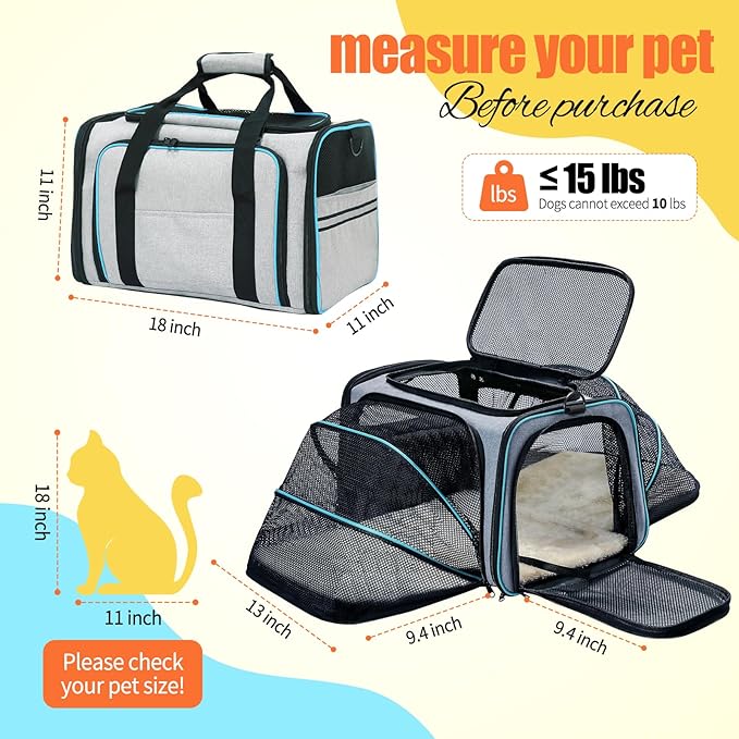 Pet Carrier Airline Approved, Expandable Foldable Soft-Sided Dog Carrier, 3 Open Doors, 2 Reflective Tapes, Pet Travel Bag Safe and Easy for Cats and Dogs