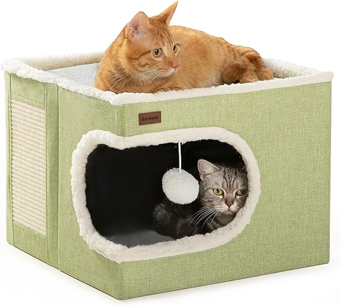 Cat Bed for Indoor Cats Cube House, Covered Cat Cave Beds & Furniture with Scratch Pad and Hideaway Tent, Cute Modern Cat Condo for Multi Small Pet Large Kitten Kitty, Green
