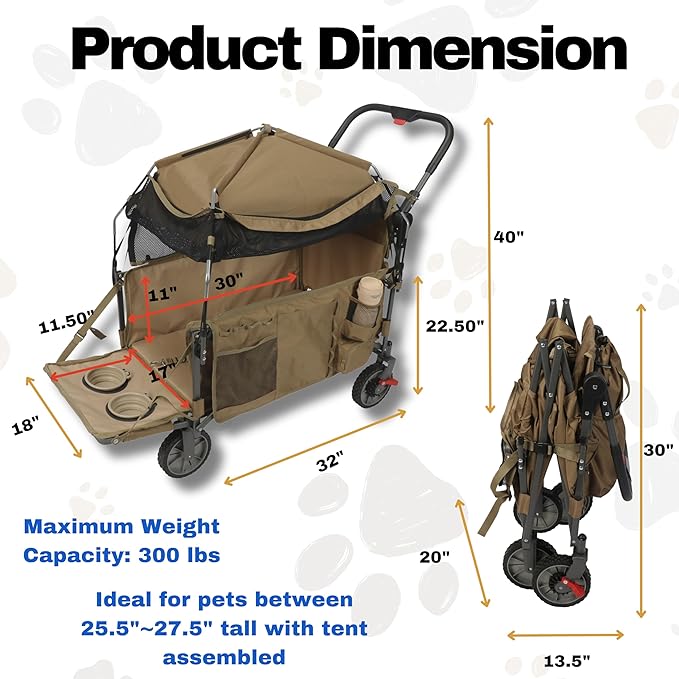 Foldable Pet Wagon Dog Stroller with Removable Fully Zipped Tent, Pet Travel Wagon with Extendable Ramp Built-in Storage Attached Water and Food Station
