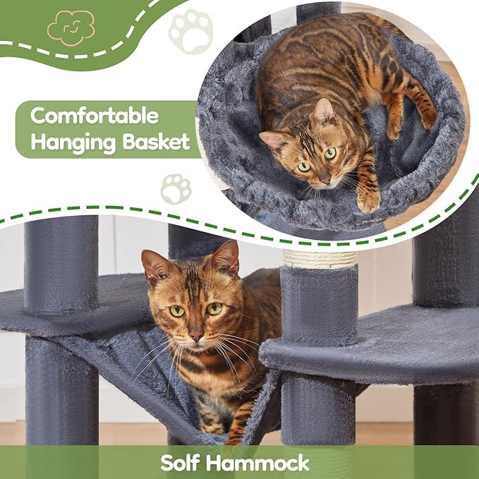 Taoqimiao MS042G Cat Tree,66-inch Large Cat Tower with Scratching Posts, Luxurious Large Platform for Big Cats with Soft Hammock, Adjustable Basket, Deluxe Cat Cando, Top Perch Smoke Gray