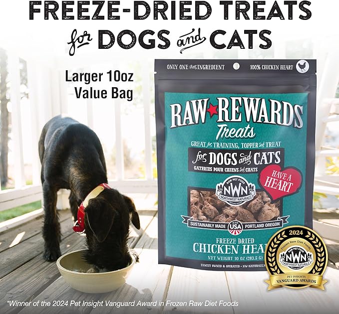 Northwest Naturals Raw Rewards Freeze-Dried Chicken Heart Treats for Dogs and Cats - Bite-Sized Pieces - Healthy, 1 Ingredient, Human Grade Pet Ingredients, Natural, Made in USA, 10 Oz (Pack of 3)