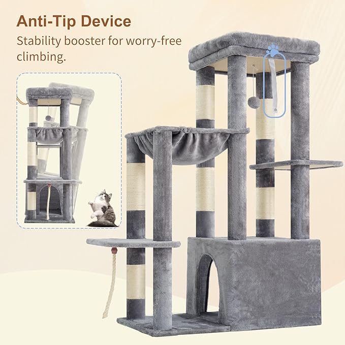 Heybly Heavy Duty Cat Tree, Tower for Indoor Cats large adult, Tall Cat Condo House with Extra-Large Baseboard, Multi-Level Plush Furniture with Scratching Posts, Hammock, Toy Ball, Light Gray HCT026W