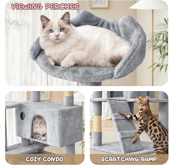 MoNiBloom Cat Tree, 70 Inch Cat Tree Tower with 2 Condo, Tall Cat Tower with Scratching Post, Cat Climbing Tower, Cat Tree for Indoor Cats, Light Grey