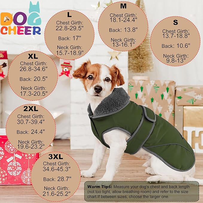 Dogcheer Dog Coat, Christmas Dog Jacket Waterproof Puppy Winter Coat for Cold Weather, Reflective Adjustable Pet Snow Jacket Warm Turtleneck Fleece Sweater for Small Medium Large Dogs - Green, S