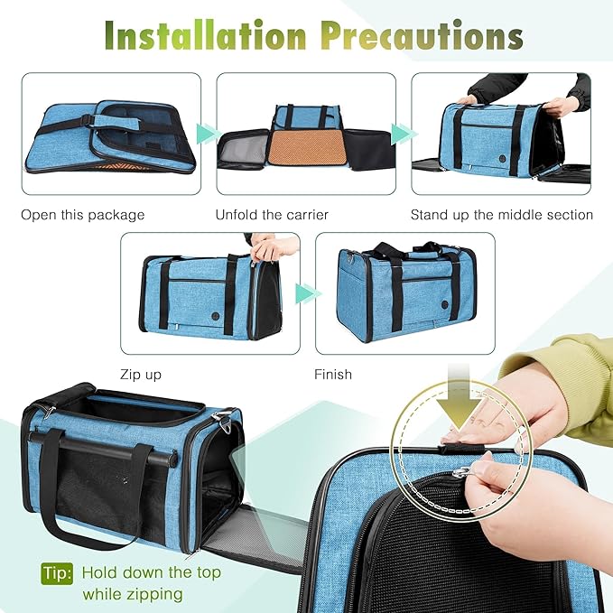 YUDODO 25 lbs Lightproof Airline Approved Cat Small Dog Carrier for Travel Bag Soft Sided Pet Puppy Carriers with Side Pockets & Reflective Mesh, Foldable Portable for Outdoor Car Large Lake Blue