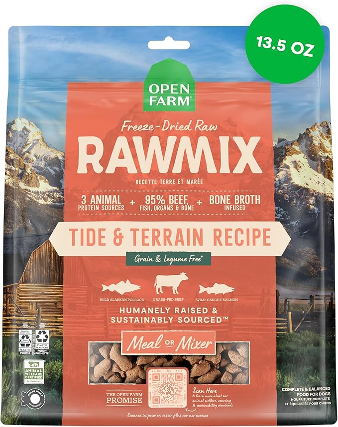Open Farm, RawMix Freeze Dried Raw Morsels, Dog Food Topper & Mixer, High Protein & Bone Broth Infused with 95% Real Meat, Organs & Bones, Tide & Terrain Recipe with Beef, Salmon & Pollock, 13.5oz Bag