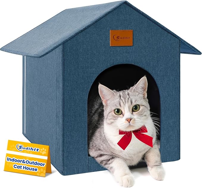 Outdoor Cat House Feral Cat Shelter,Outside Waterproof Cat House for Outdoor/Indoor Cats, Insulated Cat Bed for All Seasons with Cozy Cushion Easy to Assemble, Navy Blue