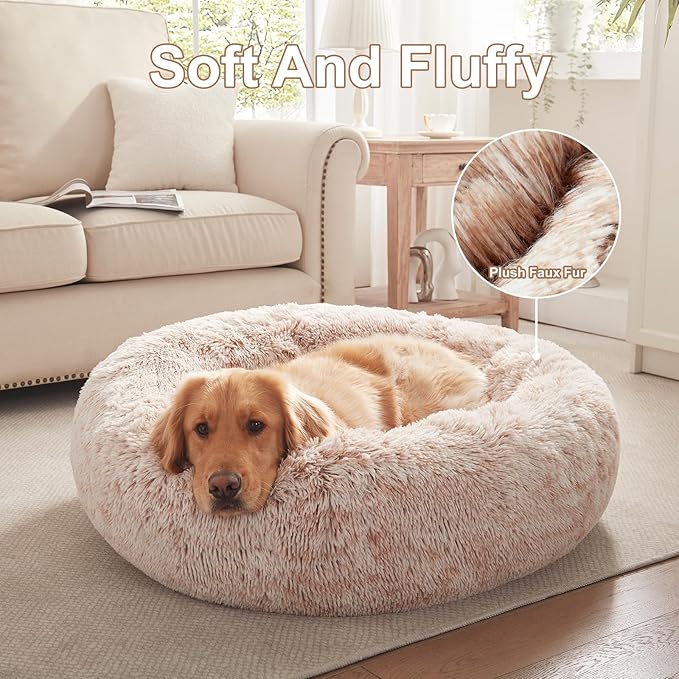 36 inches Donut Dog Bed for Large Dogs -Calming Fluffy Round Pet Bed with Removable & Washable Cover,Fits up to 100 lbs Pets (Brown,Large)