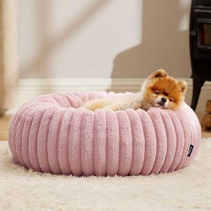 Bedsure Donut Small Dog Bed - Dog Beds for Small Dogs with Corduroy Fleece & Anti Slip Bottom, Round Faux Fur Pet Beds with Washable Removable Cover, Blush Pink, 23x23x8 inches