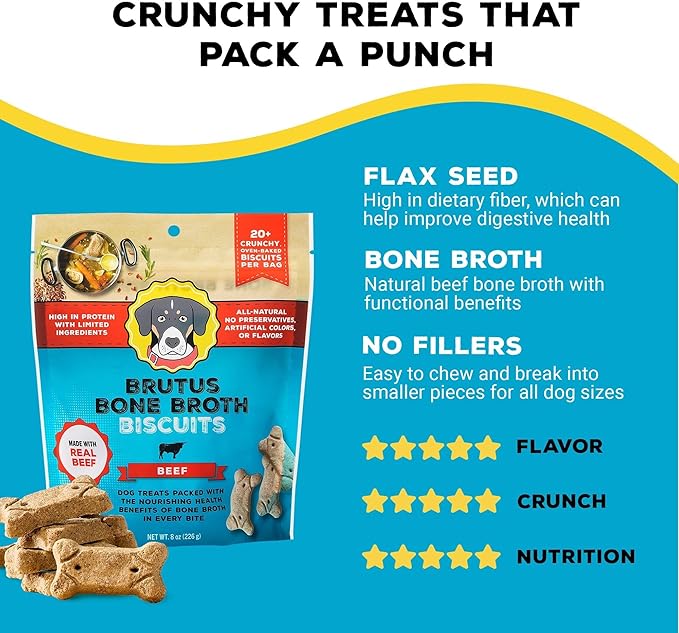 Brutus Bone Broth Biscuits (Beef) - Healthy Treats - Natural Dog Biscuits with Bone Broth and Real Beef for Healthy Joints - 18 Grams of Protein - 8 OZ (Pack of 6)