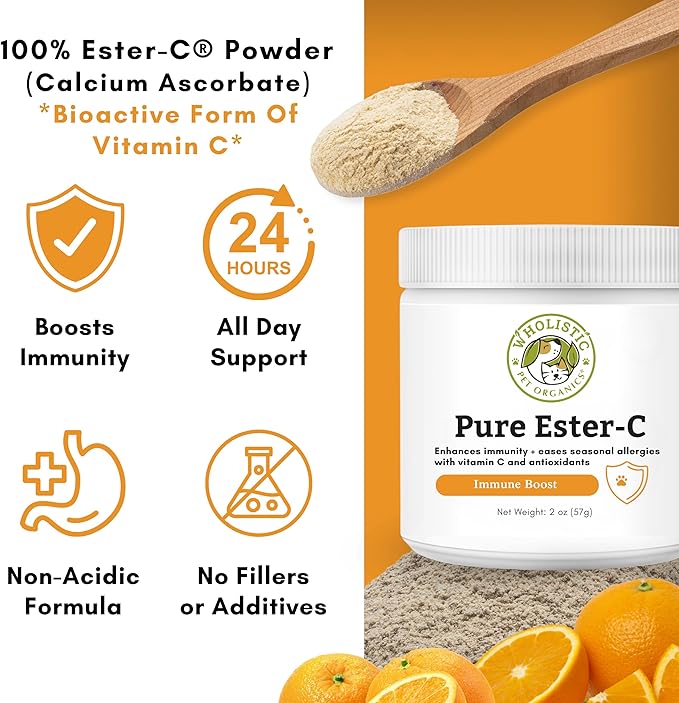 Wholistic Pet Organics Pure Ester-C Powder for Dogs - 2 Oz - Healthy Alternative to Dog Allergy Chews - Vitamin C Supplement for Dog Allergy Relief, Immune Support, Itch Relief for Dogs - Made in USA