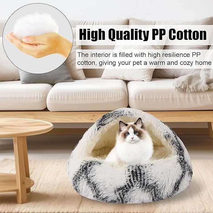 HYQ Small Dog Bed with Cover Cave, Cozy Cat Cave Bed, Round Puppy Bed with Hooded Cover, Cat Beds for Indoor Cats Washable, Dog Beds for Small Dogs with Anti-Slip Bottom (Grey-White, 20×20 Inch)