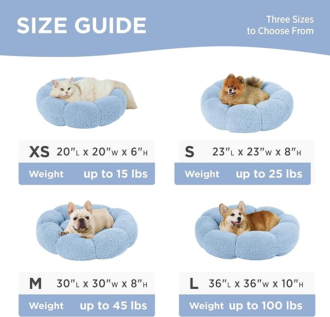 Lesure Calming Cat Beds for Indoor Cats - Cute Flower Pet Beds in Teddy Sherpa Plush, Donut Round Fluffy Puppy Bed, Non-Slip Extra Small Dog Bed Fits up to 15 lbs, Machine Washable, Blue 20"