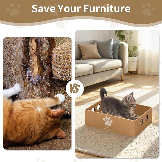 Heavy Duty Cardboard Cat Scratcher Box, Cat Bed with Double-Sided Cardboard Scratch Pad, Interactive Hole Design, Scratch Lounge Bed Suitable for Cats to Rest(Paw Pattern)
