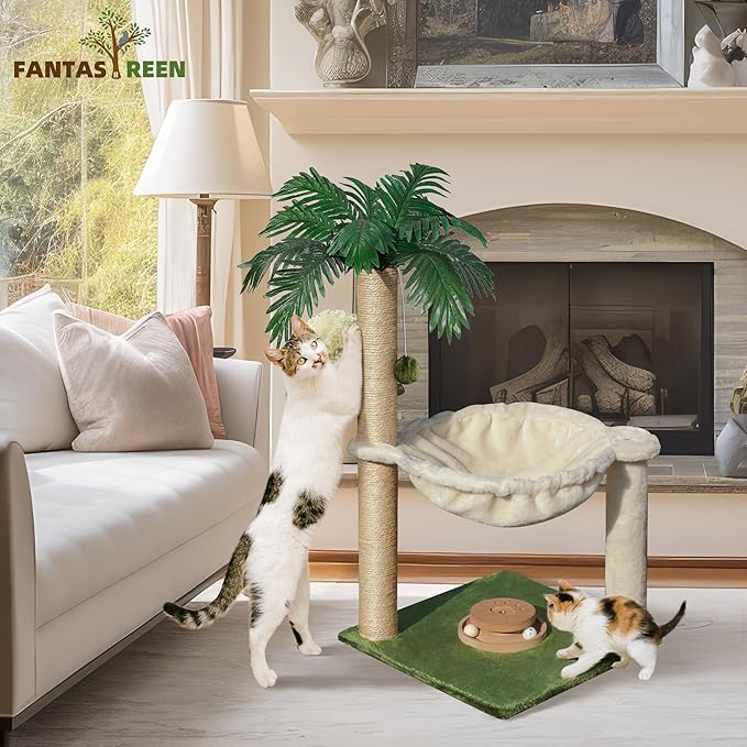 Cat Scratching Post 30 Inches Small Cat Tree Tower with Cat Hammock, Cat Hammock with Cat Toy Wooden Interactive, Cat Condo for Kitten and Adults Cat