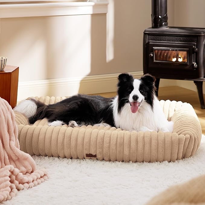 Bedsure Washable Dog Bed for Medium Dogs - Cute Furry Puppy Beds, Rectangle Orthopedic Corduroy Fleece Pet Beds with Removable Zipper Cover, 43x30x8inches, Sandy Tan