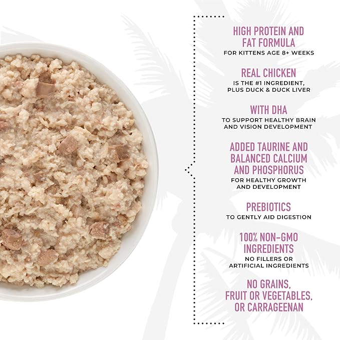 Tiki Cat Baby, Chicken Duck & Duck Liver Mousse & Shreds, High-Protein and Flavorful, Wet Cat Food for Kittens 4 Weeks Plus, 2.4 oz. Cans (Pack of 12)