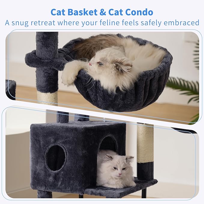 Heybly Cat Tree, 49.2 Inches Cat Tower for Indoor Cats, Spacious Cat House Condo with Hidden Space,Sturdy Steel Tube,Soft Plush Top Perch,Cozy Hammock and Sisal Scratching Posts, Smoky Gray HCT200SG