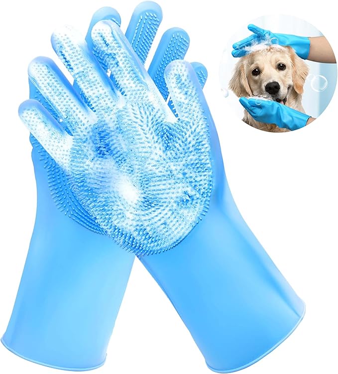 Pet Grooming Gloves,Heat-Resistant Silicone Gloves with High-Density Teeth for Enhanced Massaging and Bathing of Dogs and Cats (Blue, 1 Pair)