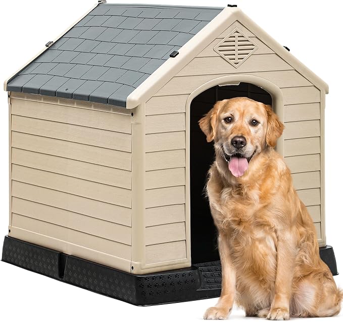 YITAHOME Large Plastic Dog House Outdoor Indoor Doghouse Puppy Shelter Water Resistant Easy Assembly Sturdy Dog Kennel with Air Vents and Elevated Floor